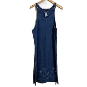 Y2k Blue Denim Overall Bib Midi Dress Embroidered size M Cottagecore Grandmacore
